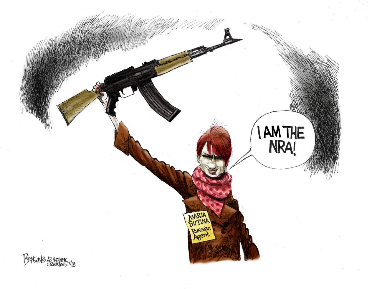 Political cartoon U.S. Maria Butina Russian agent arrest Trump Putin NRA collusion