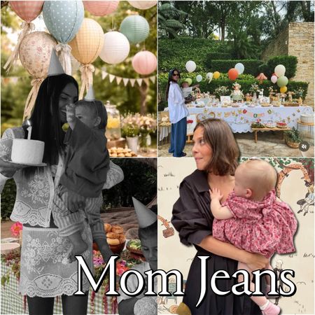 Collage of mothers holding and playing with their children at colorful outdoor birthday parties.