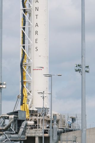 Antares standing vertically on the launch pad, with people working on the rocket for scale