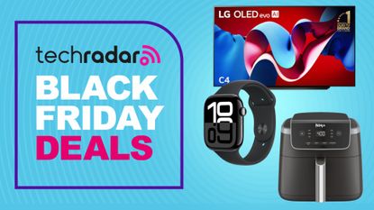 Amazon products on a blue TechRadar Black Friday deals background