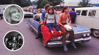 Fans on their way to Woodstock with (inset) Joni Mitchell and Crosby, Stills, Nash & Young