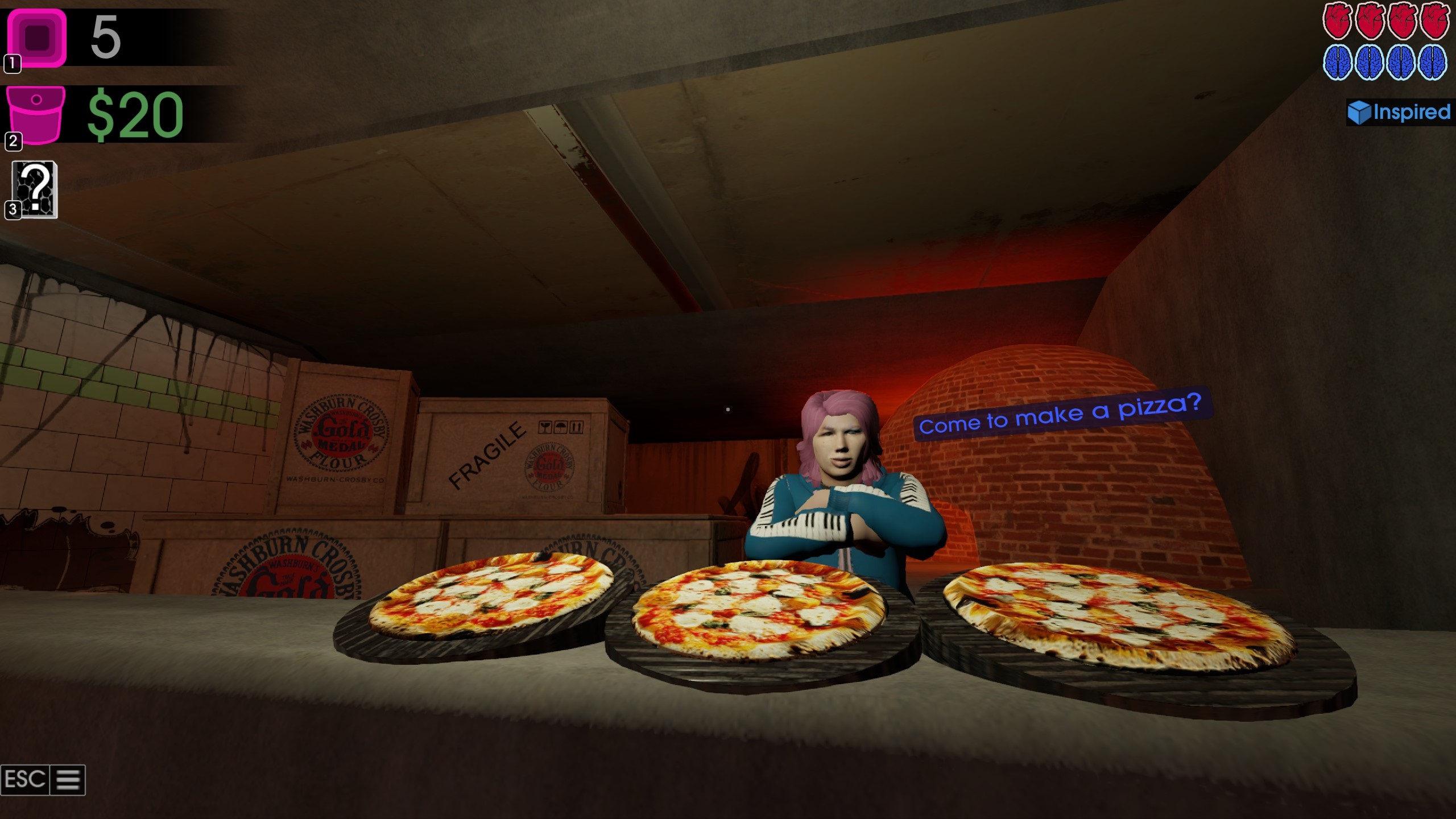 Woman standing over three pizzas in Moves of the Diamond Hand