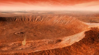 A dust devil dances across a crater eroded by gullies in Noachis Terra, Mars. The gullies are thought to have been eroded by liquid water flowing on Mars in geologically recent times.