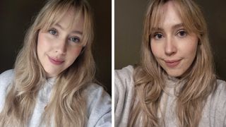 On the left, a close-up picture of Digital Beauty Writer with a fringe and the Hourglass blush duo applied to her cheeks, taken in the morning in natural lighting and on the right, Naomi is pictured again with the blush still on her cheeks in the evening - and in artificial lighting