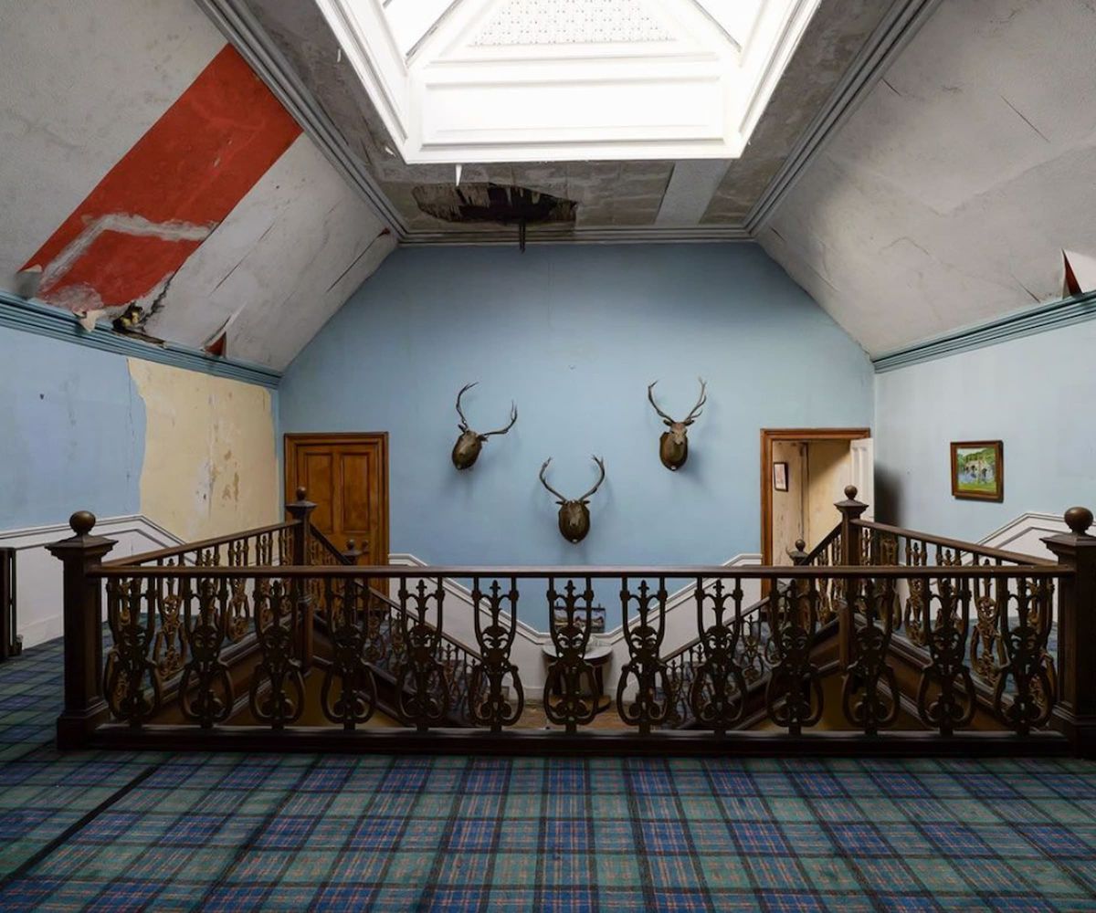 The top of a staircase with tartan rugs and three dear heads on the wall and a rooflight