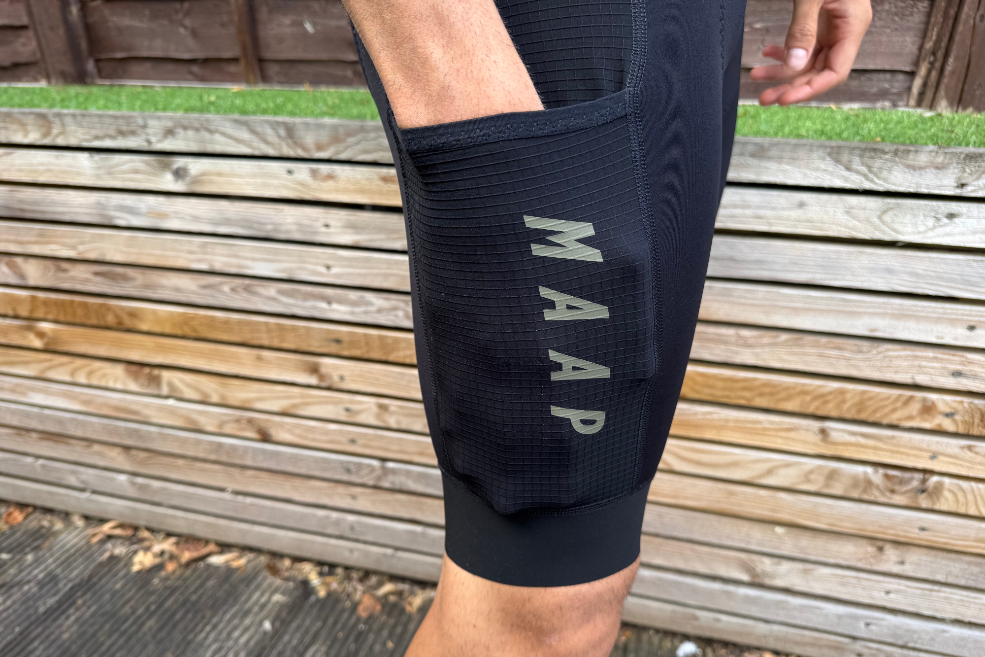 Detail of the MAAP Alt-Road Cargo Bib Shorts 2.0 side pocket