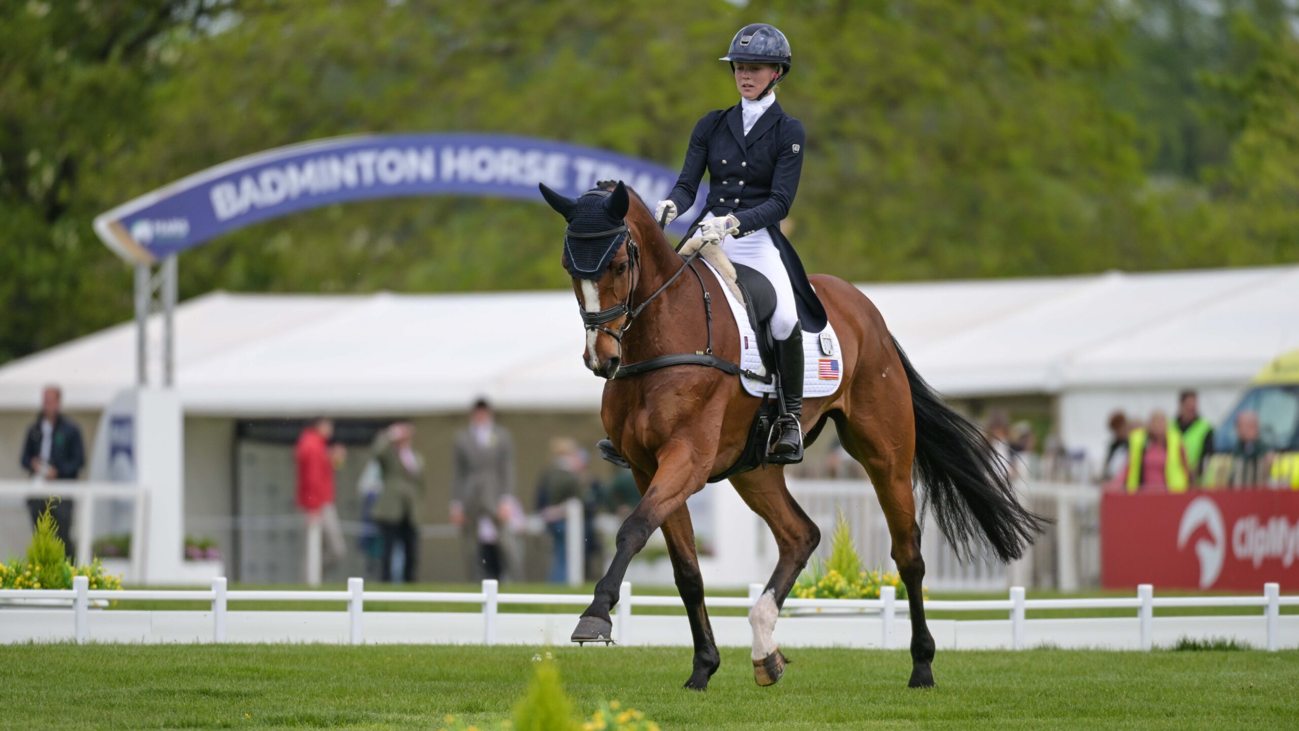 Cassie Sanger and Redfield Fyre in the 2026 Badminton dressage.