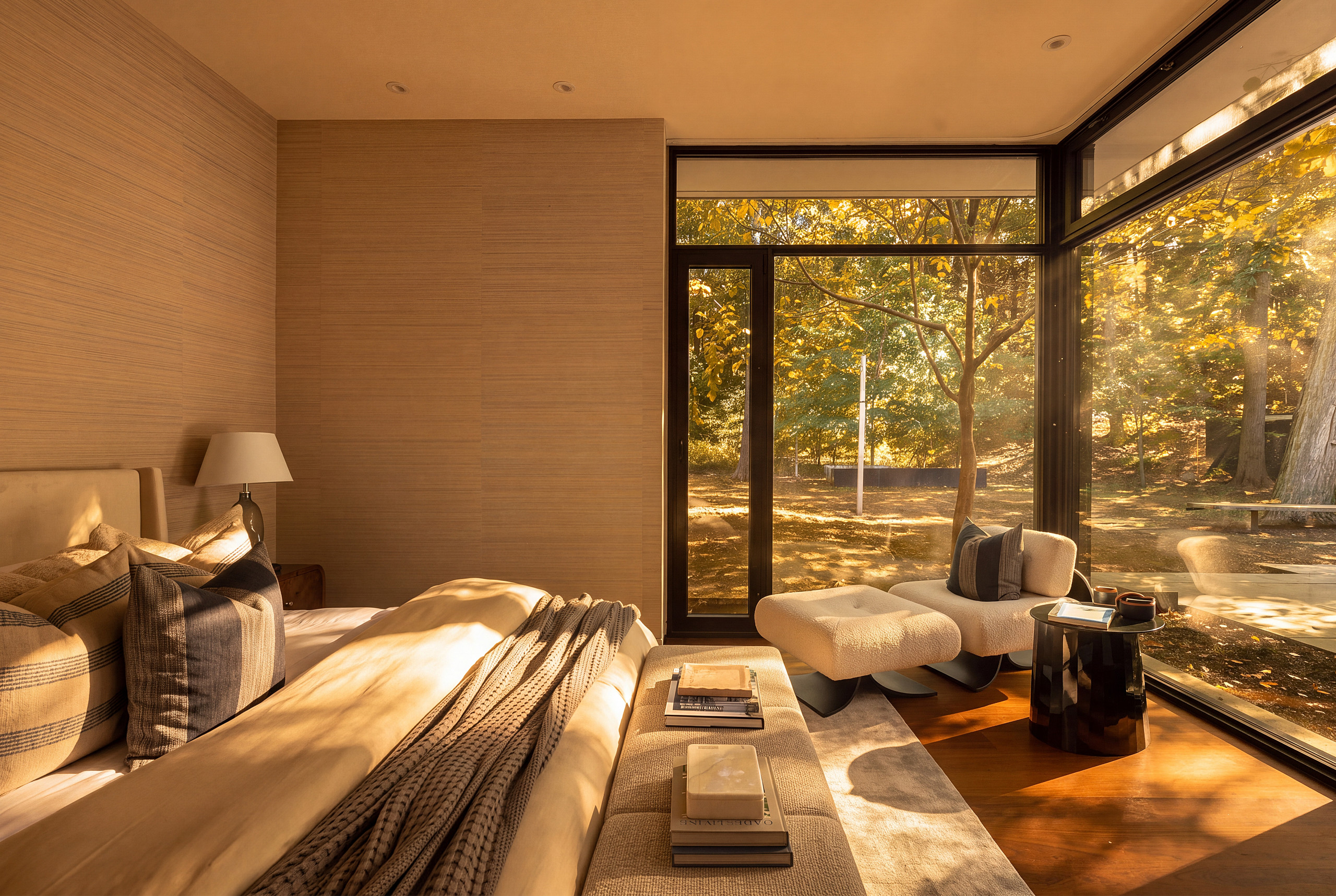 The primary suite has beautiful woodland views