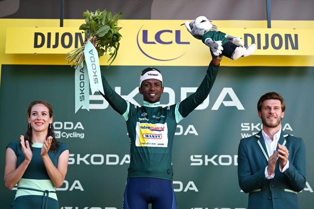 DIJON FRANCE JULY 04 Biniam Girmay of Eritrea and Team Intermarche Wanty celebrates at podium as Green Sprint Jersey winner during the 111th Tour de France 2024 Stage 6 a 1635km stage from Macon to Dijon UCIWT on July 04 2024 in Dijon France Photo by Tim de WaeleGetty Images