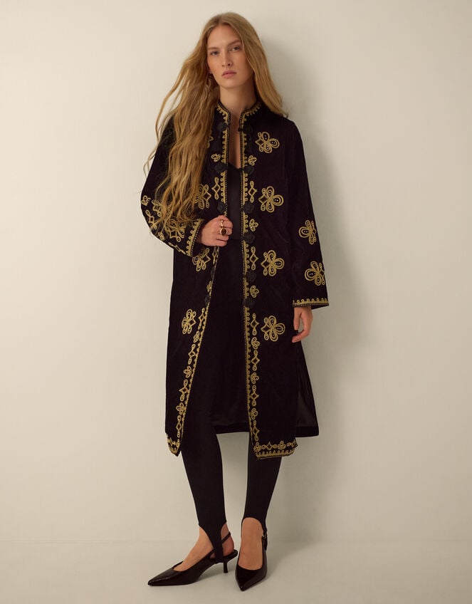 Monsoon X Queens of Archive Kate Long Embroidered Velvet Jacket Black