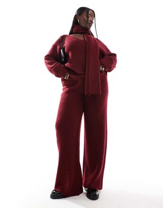 4th & Reckless Plus Knitted Wide Leg Trousers Co-Ord in Burgundy