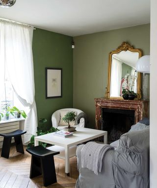 green living room with herringbone flooring and brown marble fire surround