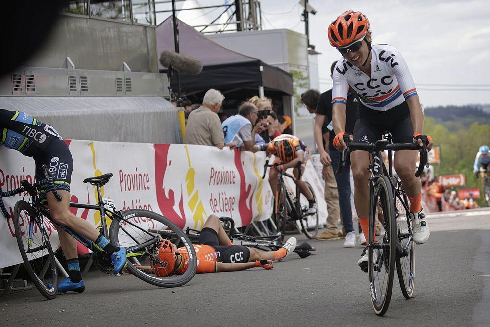 Marianne Vos (CCC_Liv) collapses at the finish line of Fleche Wallonne