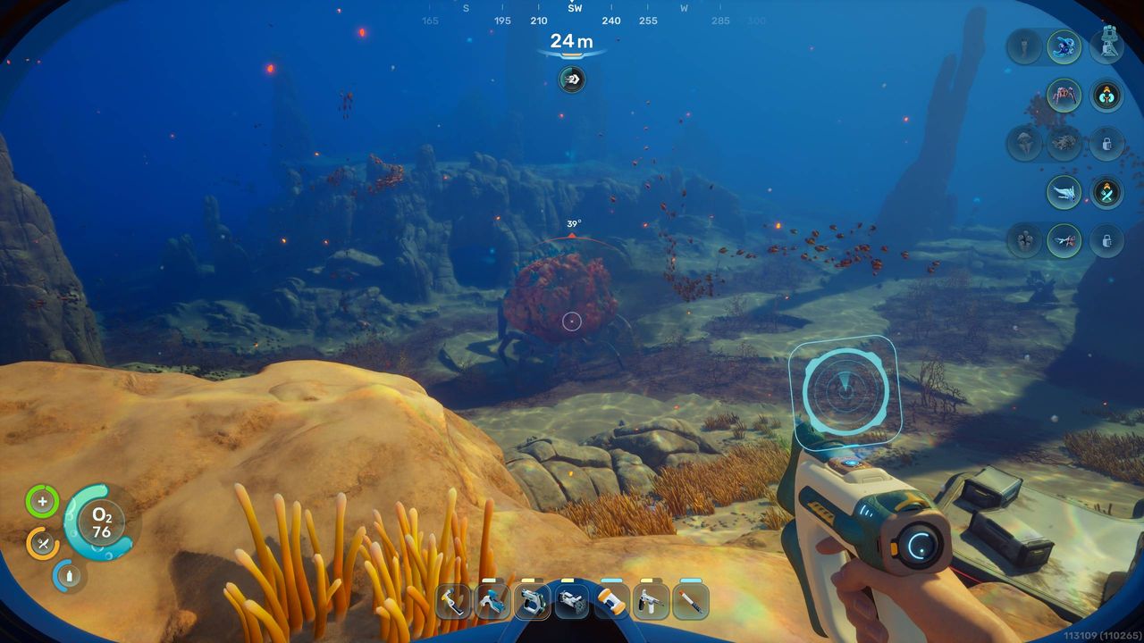 Subnautica 2 Biomods: A player looking at a Coral Crab in the distance.