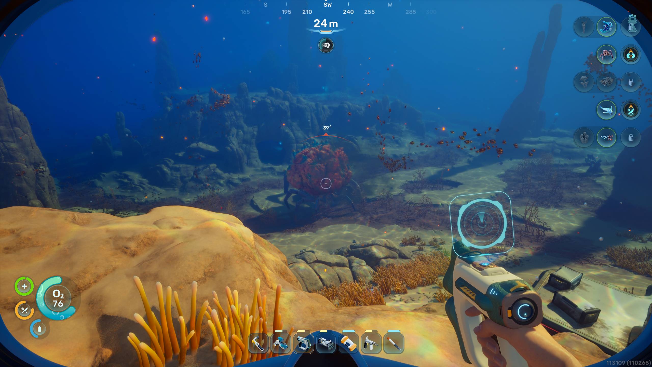 Subnautica 2 Biomods: A player looking at a Coral Crab in the distance. 