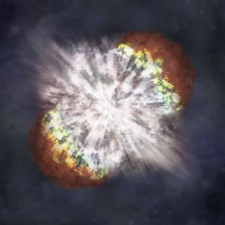 This artist's illustration of a supernova shows a shell of material being expelled from the dying star, as well as a burst of bright light.