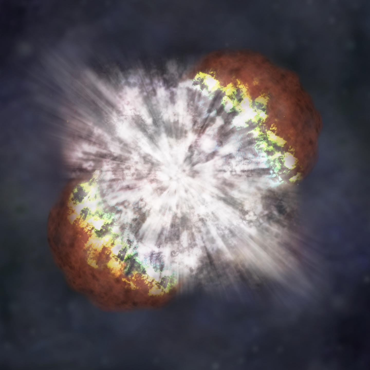 This artist&#039;s illustration of a supernova shows a shell of material being expelled from the dying star, as well as a burst of bright light.