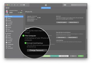 Enabling device backups to iTunes showing how to click This computer and enable encrypted backups
