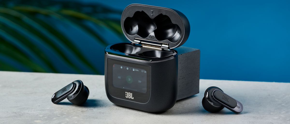 A pair of JBL Tour Pro 2 wireless earbuds in black