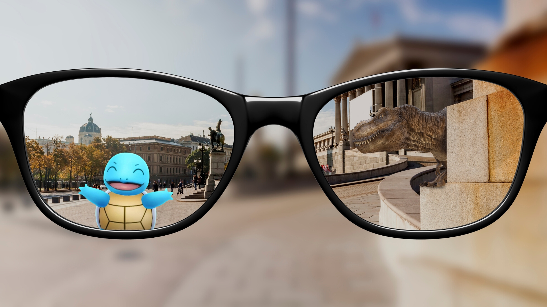Mixed reality depictions of Pokemon Go's Squirtle and a Tyrannosaurus Rex
