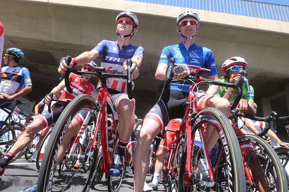 Trek-Segafredo teammates Greg Daniel and Bauke Mollema get ready for the start of stage 7