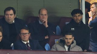 HRH The Prince of Wales, Prince William watches the game sitting alongside Tyrone Mings of Aston Villa during the Group E, UEFA Europa Conference League match between Aston Villa and HSK Zrinjski at Villa Park on October 5, 2023 in Birmingham, England.