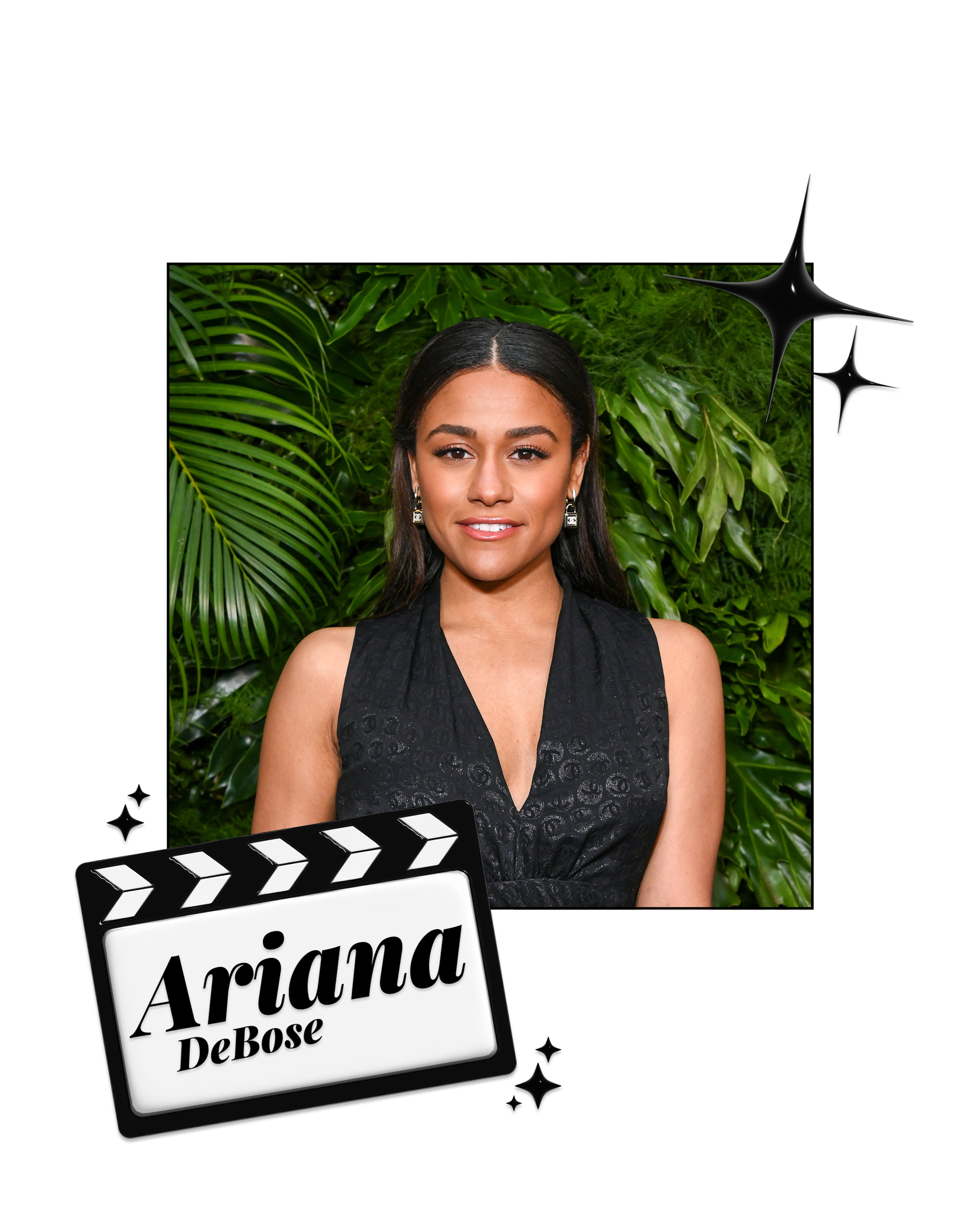 Ariana DeBose in a black dress in front of a green wall