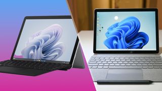Microsoft Surface Go 4 on a gradient background next to Microsoft Surface Go 3 on a desk