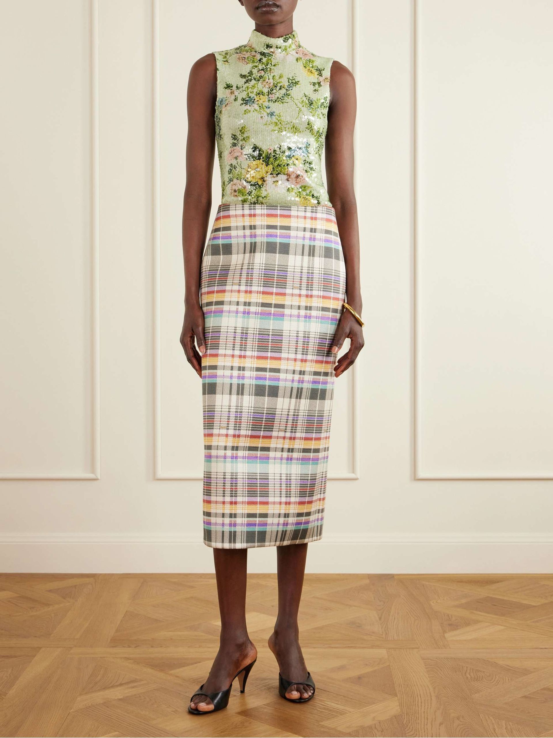 Mercer Bonded Checked Wool and Silk-Blend Midi Skirt