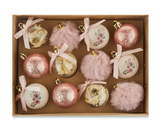 Set of assorted blush toned Christmas ornaments from Walmart.