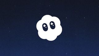 A stylized white cloud with large, sparkling eyes on a dark blue background with faint white speckles resembling a starry night sky.
