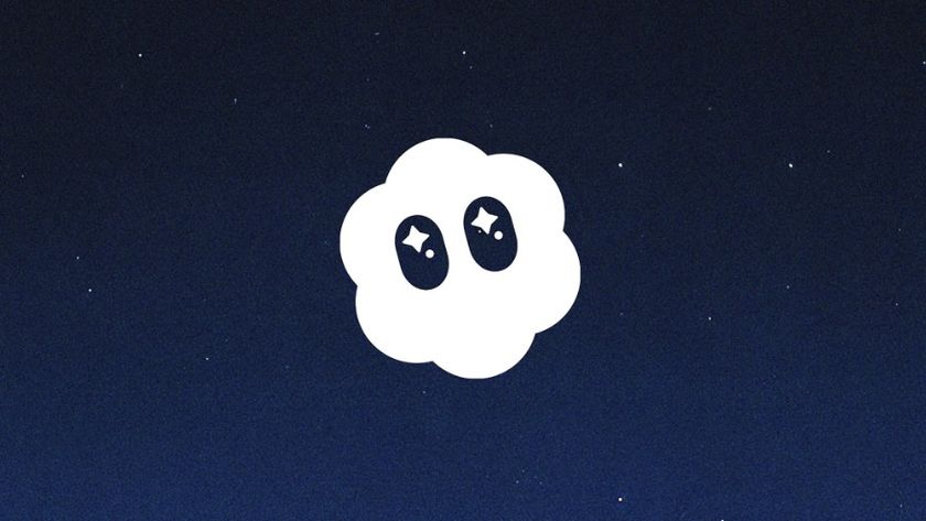 A stylized white cloud with large, sparkling eyes on a dark blue background with faint white speckles resembling a starry night sky.