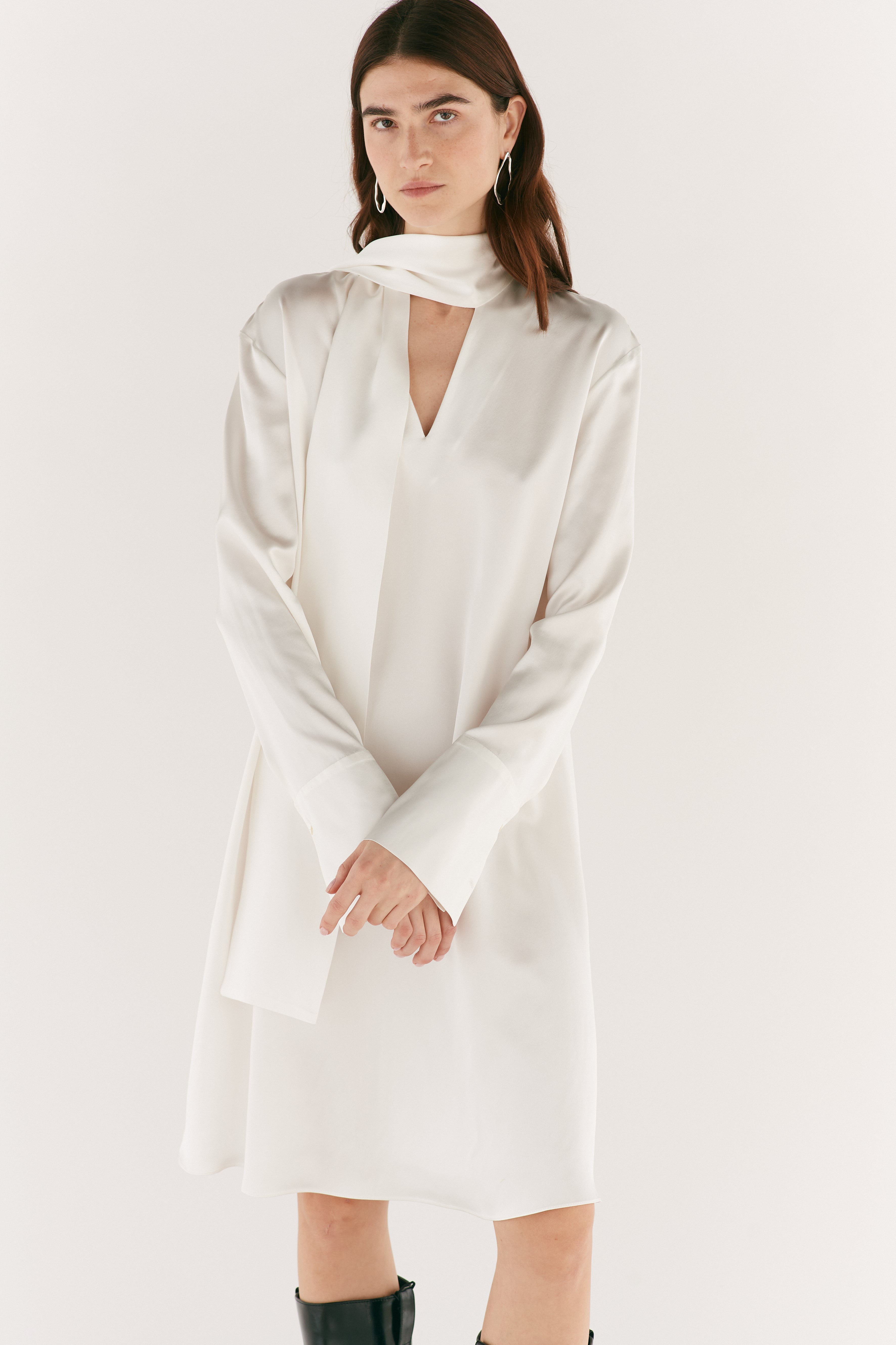 Women's Silk Tie Neck Dress - Ivory | Laura Pitharas
