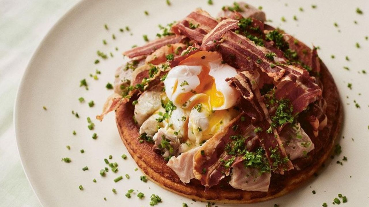 Potato pancakes, smoked eel, poached eggs and horseradish