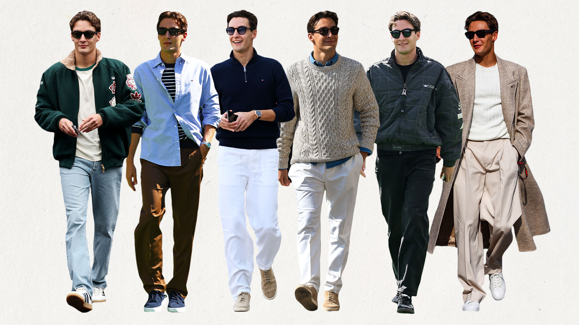 A collage of paddock outfit photos of George Russell in the 2024 and 2025 Formula One seasons.