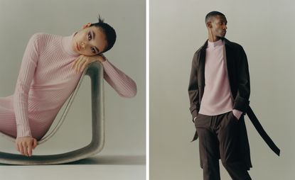 Left: woman model in pink cashmere dress. Right: male model in black wool coat and pink turtleneck by AlphaTauri