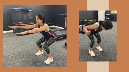 Minreet Kaur doing bodyweight workout for beginners in the gym, demonstrating the bodyweight squat and chest fly