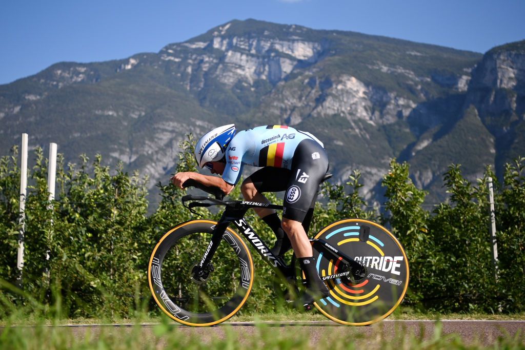 TRENTO ITALY SEPTEMBER 09 Remco Evenepoel of Belgiumsprints during the 27th UEC Road Cycling European Championships 2021 Elite Mens Individual Time Trial a 224km race from Trento to Trento UECcycling ITT on September 09 2021 in Trento Italy Photo by Justin SetterfieldGetty Images