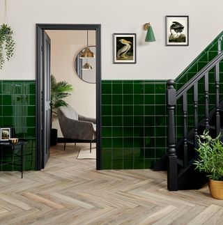 green tiles in hallway with half wall