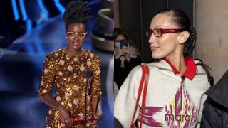 eyeglasses trends: colorful frames: Lupita Nyong'o and Bella Hadid