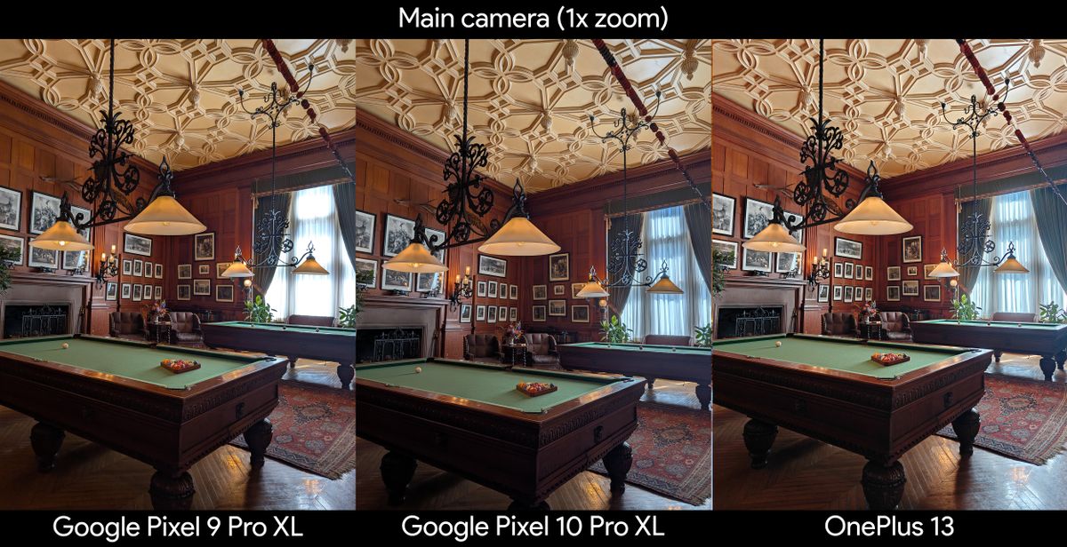 Comparing photo quality of a dark game room between a Google Pixel 10 Pro XL, OnePlus 13, and a Google Pixel 9 Pro XL