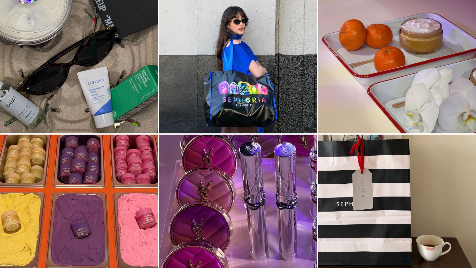 Collage of WWW associate beauty editor Alyssa Brascia with a filled Sephoria bag and other product displays from Sephoria.