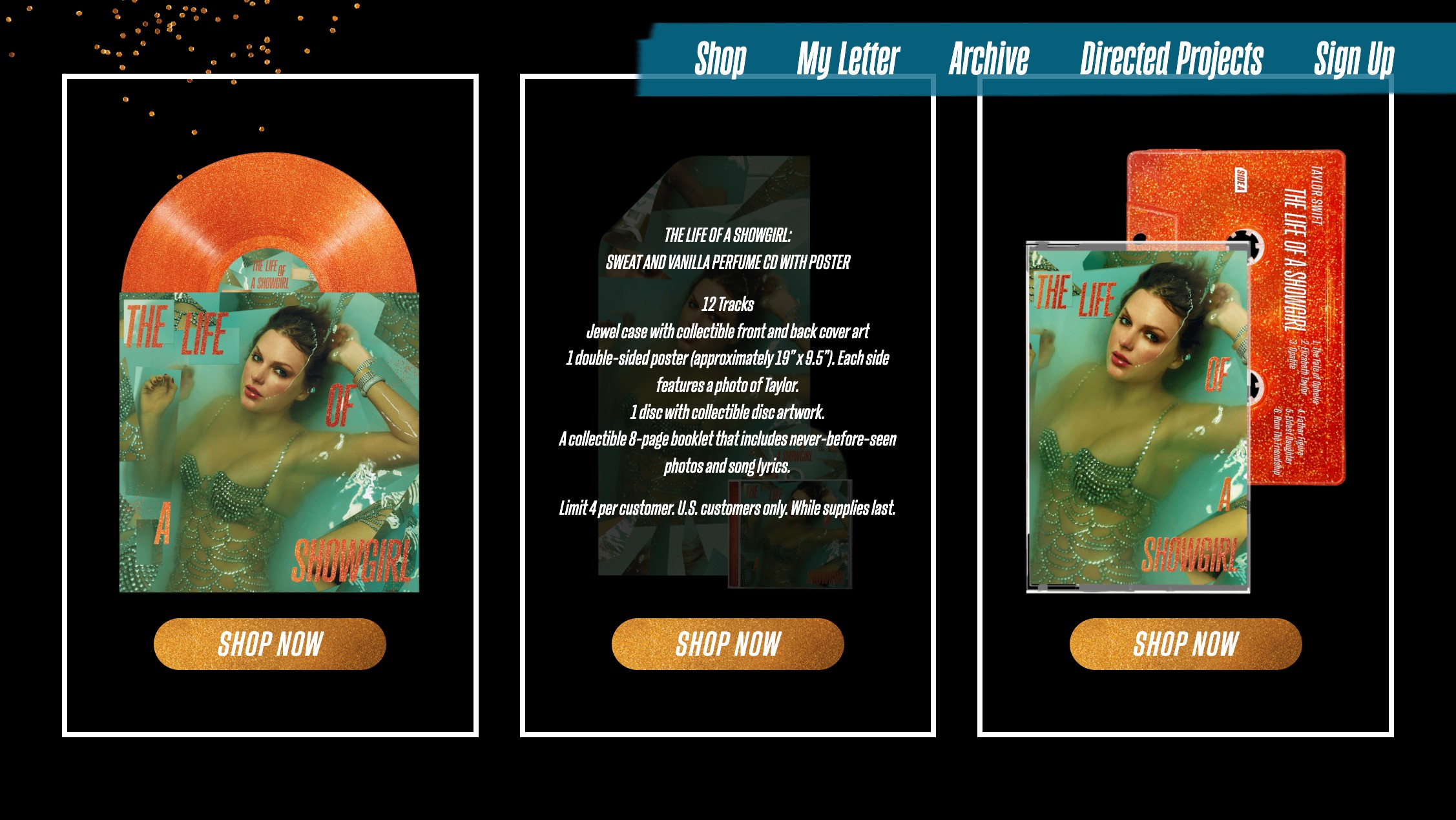 A website screenshot showing three versions of "The Life of a Showgirl" album, including an orange vinyl record, a cassette tape, and a CD, all featuring Taylor Swift in a showgirl outfit.