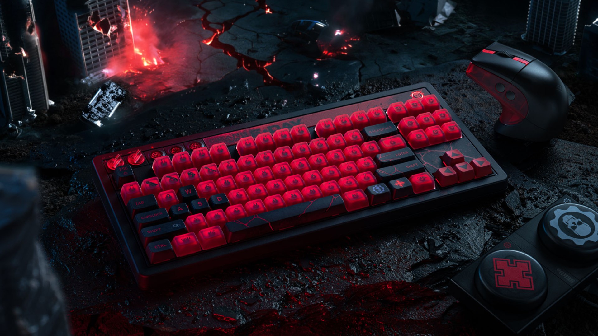 8BitDo gaming keyboard and mouse on a cracked concrete background
