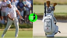 Wyndham Clark celebrates his putt and a close up of his bag
