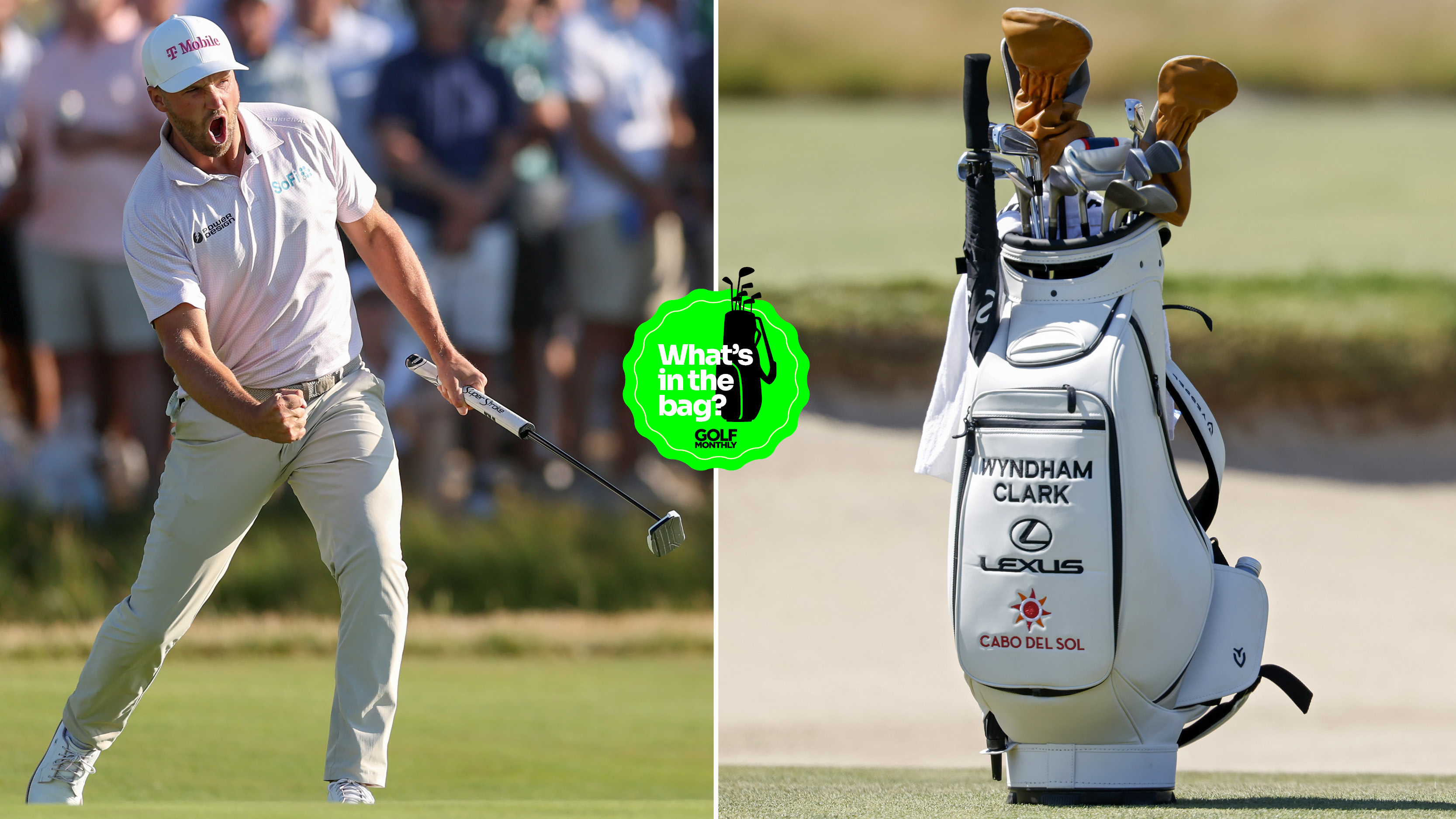 Wyndham Clark celebrates his putt and a close up of his bag