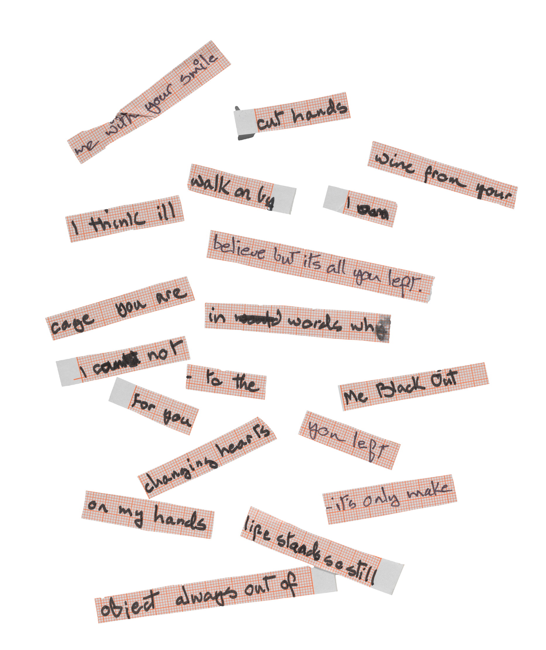 Lyrics cut up into strips for re-arranging