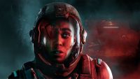 A woman in a space helmet looking scared