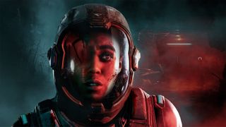 A woman in a space helmet looking scared