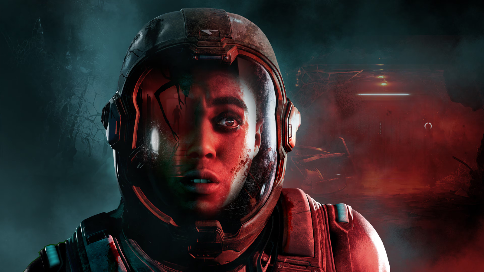 A woman in a space helmet looking scared